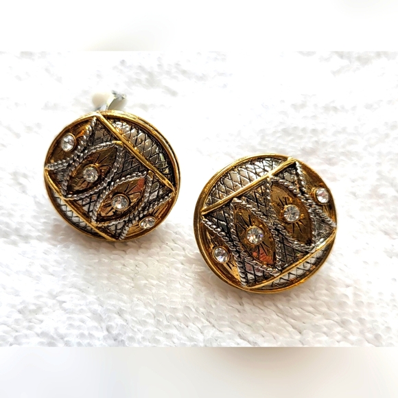 Gold and Silver Mixed Metal Circle Stud Earrings / Clip-on - Picture 1 of 5